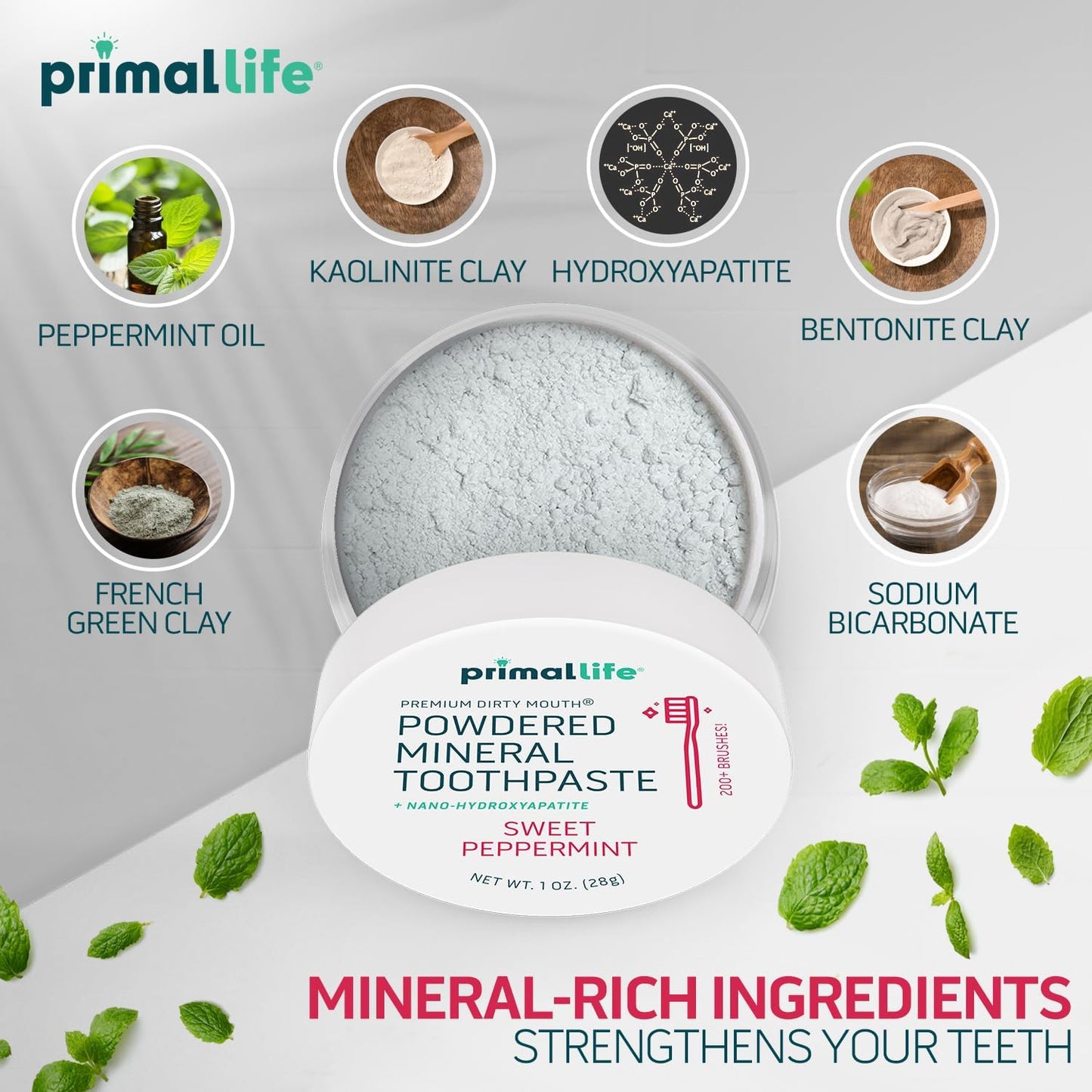 Primal Life Organics - Dirty Mouth Toothpowder, Tooth Cleaning Powder, Flavored Essential Oils with Natural Kaolin & Bentonite Clay, Good for 200+ Brushings, Organic, Vegan (Sweet Peppermint, 1 oz)