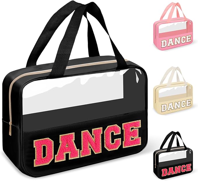 Dance Bag for Girls Chenille Letter Clear Makeup DANCE Stuff Bag,Toddler Dance Recital Gifts Ballet Cosmetic Zipper with Handle,Dance Competition Must Haves Accessories Toiletry Storage(DANCE-Black)
