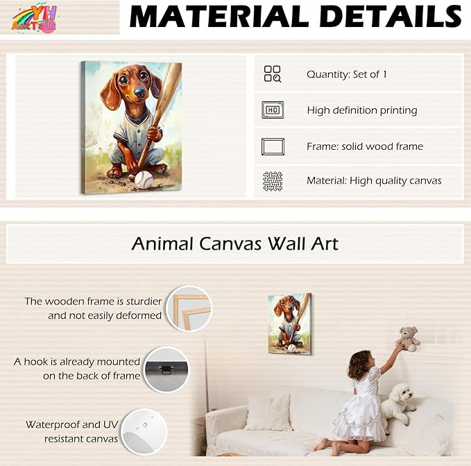 YOUHONG Animal Wall Art Animal Pictures Wall Decor Dog Art with Built-in Wooden Frame - Sports Poster Dog Pictures for Bedroom & Living Room Decor Easy Hanging (12x15.7 Inches)