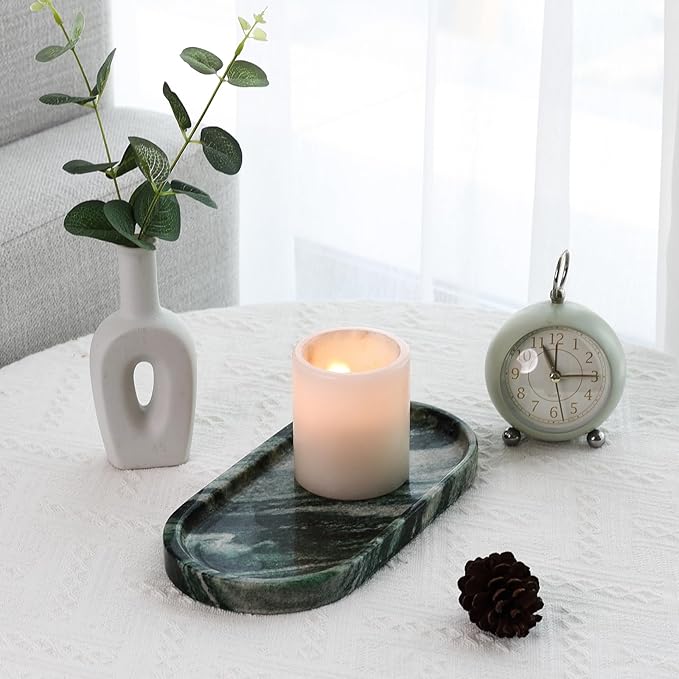 Koville Green Marble Tray for Bathroom Countertop, 10"x5" Natural Marble Vanity Tray Perfume Trays for Dresser, Stone Jewelry Dish Candle Holder for Home Decor, Stone Catchall Trays