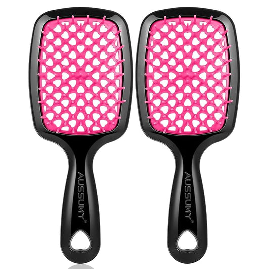 2 Pack Vented Detangling Hair Brush - Detangler Hairbrush with Soft Bristles for Effortless Tangle Free -Ideal for Natural Curly Straight Wet Dry Damaged Hair for Women Men Kids - Magenta