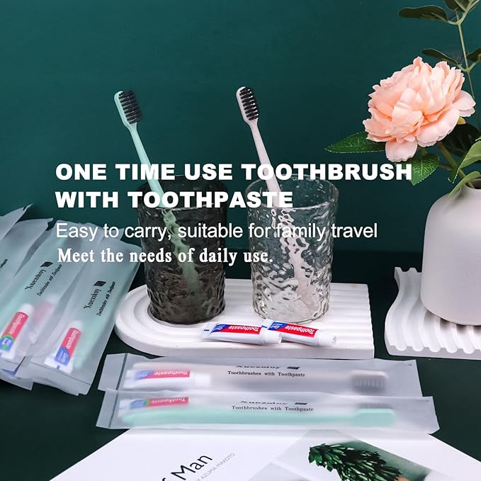 Disposable Toothbrushes with Toothpaste,100 Pack Individually Wrapped Disposable Travel Toothbrushes Kit in Bulk for Homeless,Nursing Home,Hotel,Charity (Apricot+Green)