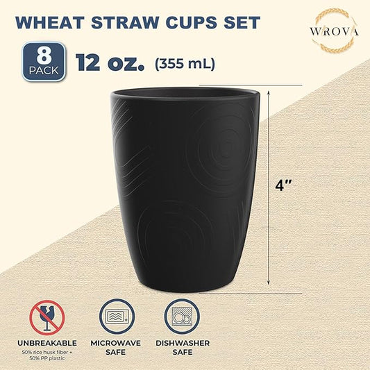 Wrova Wheat Straw Cups 8 PCS Good Alternative to Plastic Cups 12 oz Unbreakable Drinking Cup Reusable Dishwasher Safe Water Plastic Glasses Kids Tumbler with 4 Colors