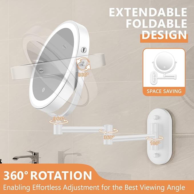 1X/30X Wall Mounted Makeup Mirror with Light, 8" Rechargeable Double-Sided Magnifying Mirror, Vanity Mirror Dimmable 3 Color Light, 360° Extension Rotation Foldable 14.5 Inch Arm, White