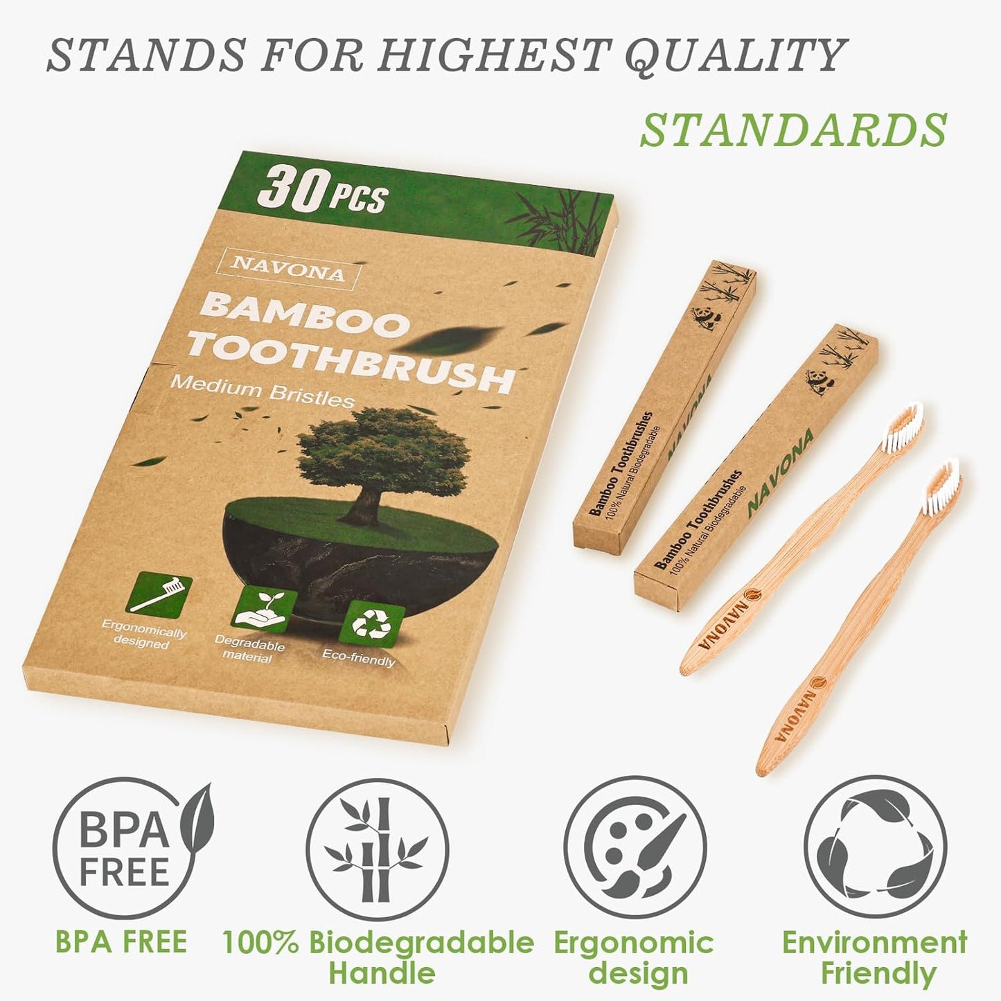 Navona 30 PCS Bamboo Toothbrushes Pack, BPA Free Medium Soft Bristles Toothbrushes for Adults, Eco-Friendly Natural Wooden Toothbrush Bulk, Box of Two Reusable Travel Toothbrush