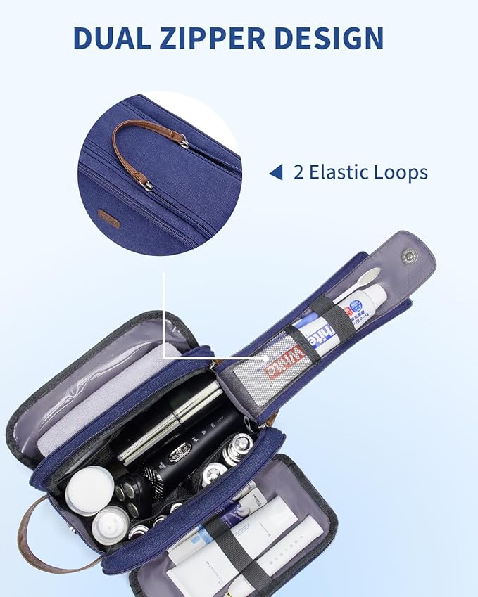 WANDF Toiletry Bag for Men Travel Toiletry Organizer Canvas and Leather Dopp Kit Water-Resistant Shaving Bag for Travel Accessories (Blue, Medium)