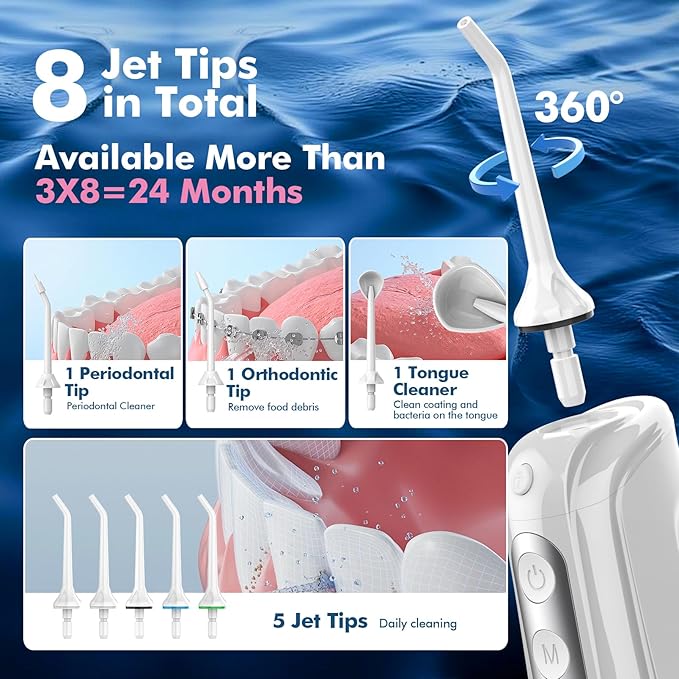 Cordless Water Dental Flosser for Teeth, with 8 Jet Tips, 300ML Tank Oral Irrigator Portable with 4 Modes IPX7 Waterproof Rechargeable Water Floss for Home Travel, Adults Teeth Cleaning (White)