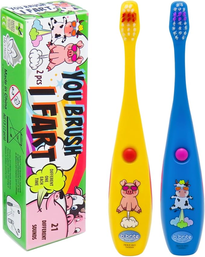 Lily's Home Children’s Funny Farting Toothbrush, Soft Bristles, Minute Electric Brushing Timer, Cute Boy Girl Dentist Prize, Age 3+, Assorted Color Animal Designs