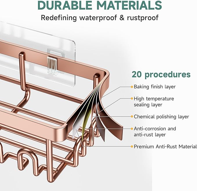 Veken Shower Caddy 6-Pack, No Drilling & Rustproof, Waterproof Adhesive Shelves Rack with Soap Holder, Large Capacity Bathroom Organizers and Storage, Wall-Mounted Kitchen & Home Decor, Rose Gold