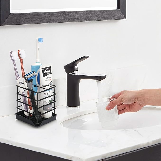 Toothbrush Holders for Bathrooms, Stainless Steel Bathroom Toothbrush Holder Kids Electric Tooth Brushing Holder Stand and Toothpaste Holder for Bathroom Accessories Organizer with Tray, Black (Small)