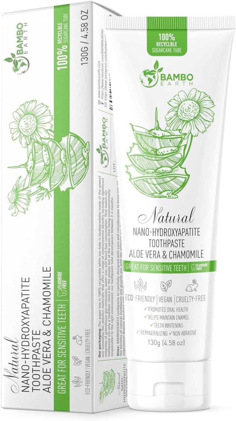 Natural Fluoride Free Toothpaste - Nano Hydroxyapatite, Remineralizing, Sensitive Teeth, Whitening & Zero Waste Tube - Dentist Recommended for Adult & Kids Oral Aloe Vera & Chamomile (Single, Aloe)