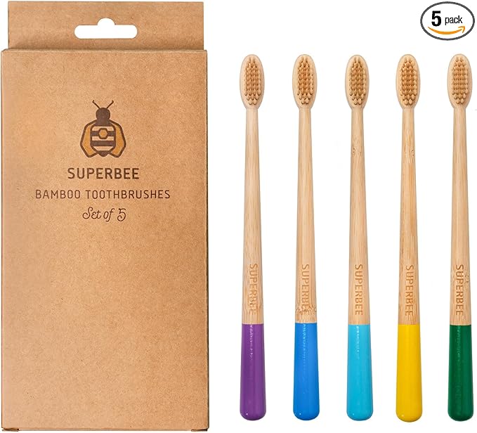 Superbee Biodegradable Bamboo toothbrushes – 5 Pack – Soft bristles for Adults & Kids’ Teeth with Colorful Handles - Eco-Friendly Natural Bamboo toothbrushes – Zero Waste Travel Toothbrush Kit