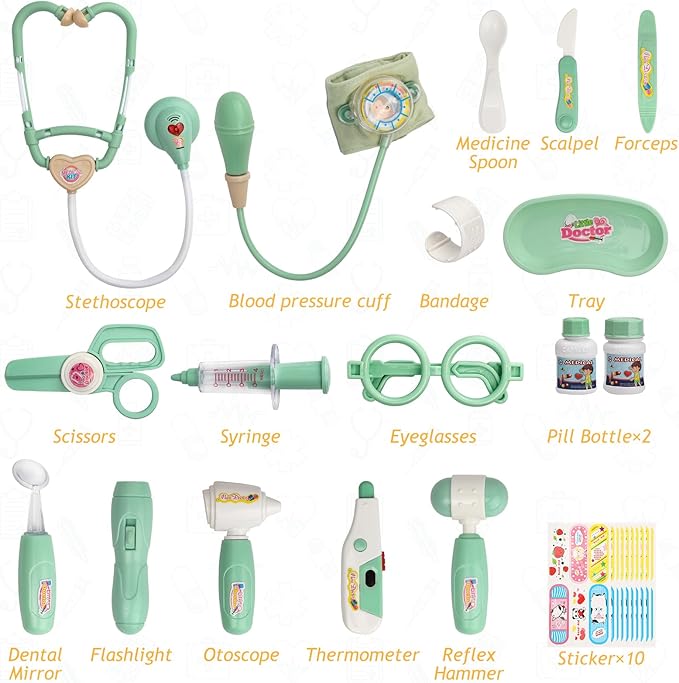 Liberry Doctor Kit for Toddlers 3 4 5 Years Old, 30-Piece Kid Doctor Toy with Stethoscope, Costume, Green Medical Pretend Play for Girls Boys