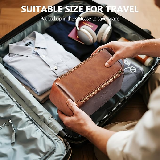 Personalized Toiletry Bag for Men,Initial Mens Toiletry Bags for Traveling,Men Travel Toiletries Bag,PU Leather Shaving Bag for Toiletries Accessories kit,Brown E