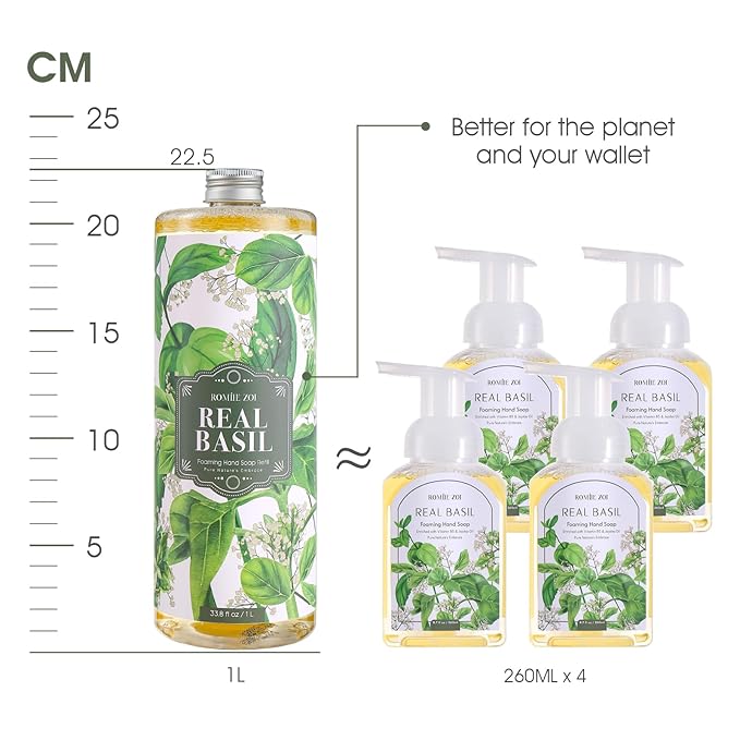 ROMIIE ZOI Basil Foaming Hand Soap Refill Gift Set – 3 Pack (33.8 Fl Oz Each) with Refillable Dispenser – Gentle, Moisturizing, Plant-Based Formula – Bulk Refill Bottles for Bathroom & Kitchen Use