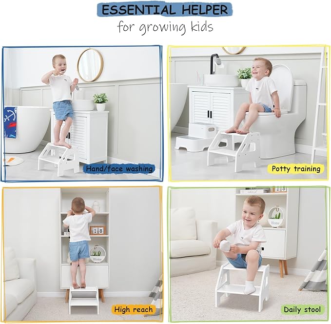 White Wood Toddler Step Stool for Bathroom Sink, 2 Step Kids Stool for Toilet Potty Training, Baby Child Stepping Stool with Handles for Toddlers Nursery Kitchen Counter (White)