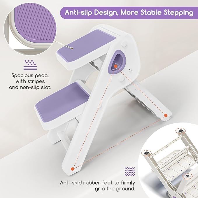 Foldable Toddler Step Stool for Bathroom Sink - 2-Step Kids Stool for Potty Training, Kitchen Counter & Bedroom, Sturdy Non-Slip Child Safety Stool Helper