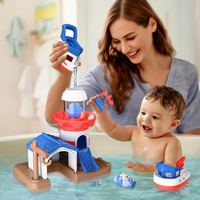 iPlay, iLearn Toddlers Bath Toys, Kids Lighthouse Bath Time Shower Toy Set W/ Wind up Swimming Boat, Pool Floating Fish Baby Bathtub Water Play, Birthday Gifts 18 Month, 3 5 6 Year Old Boy Girl