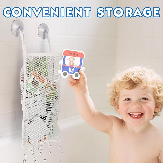 iPlay, iLearn Bath Toy Organizer W/Foam Letters, Toddler Bathtub Toy W/Storage Net, 32 Floating Alphabet Train Puzzle Bathtime Shower Water Play, Learning Birthday Gift 3 4 5 6 Year Old Kid Boy Girl