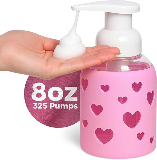 SoCal Suds & Company Glass Foaming Hand Soap Dispenser, Heart Silicone Sleeve, Refillable Pump Bottle for Kids, Baby Wash & Shampoo, Ideal for Home Use, Bright Pink 8oz