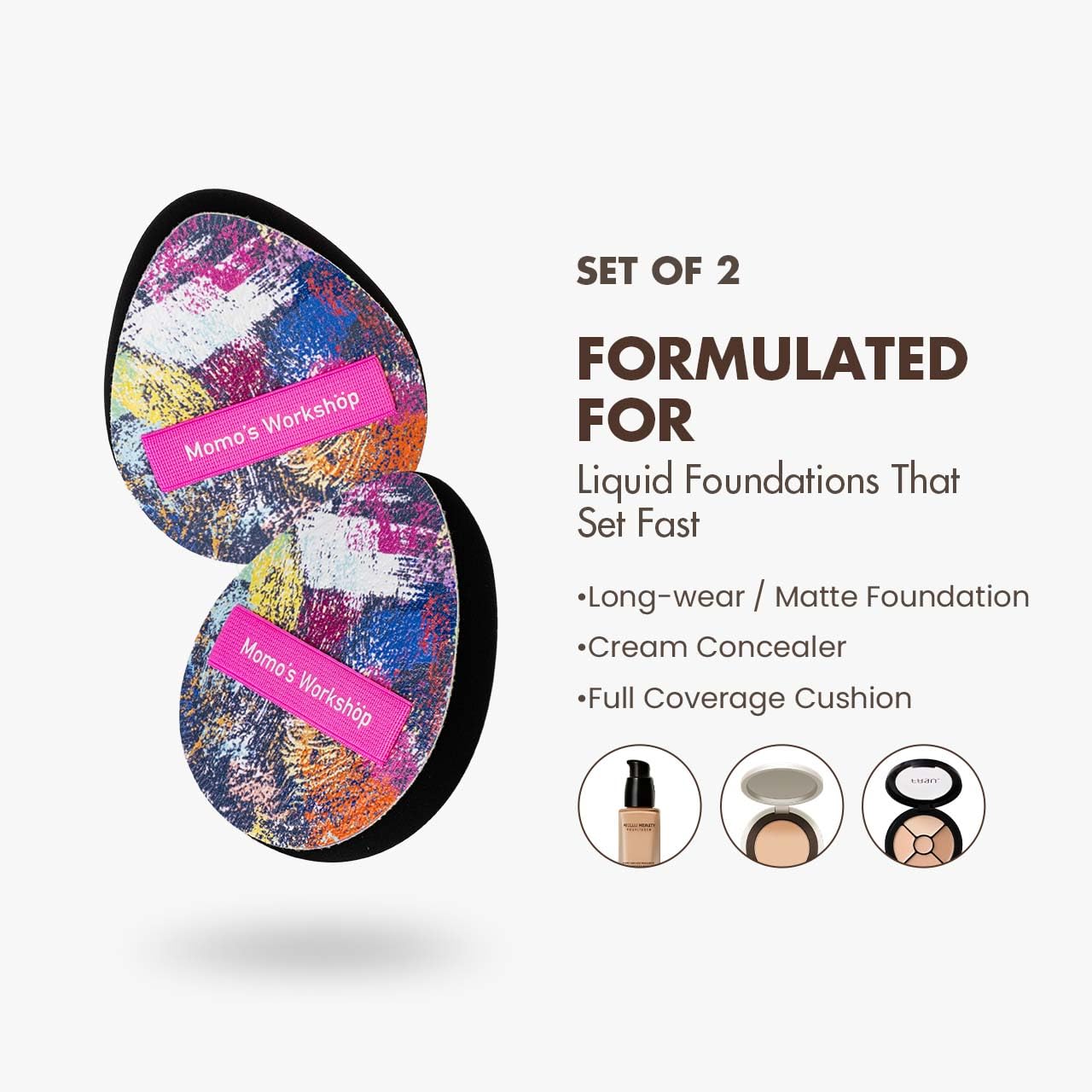 Momo's Workshop Graffiti Denim Egg Makeup Sponge 2-Pack,Ultra Firm Bounce Rubycell Sponge for Liquid-Full Coverage Foundation,for Dry/Combination Skin,Travel Friendly,2pcs &Storage Case