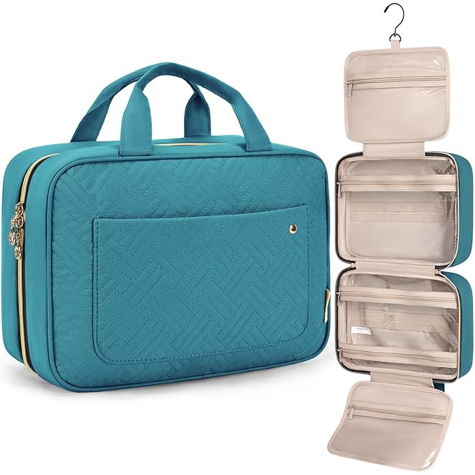 BAGSMART Toiletry Bag Travel Bag with Hanging Hook, Water-resistant Makeup Cosmetic Bag Travel Organizer for Accessories, Shampoo, Full Sized Container, Toiletries，Large-Teal
