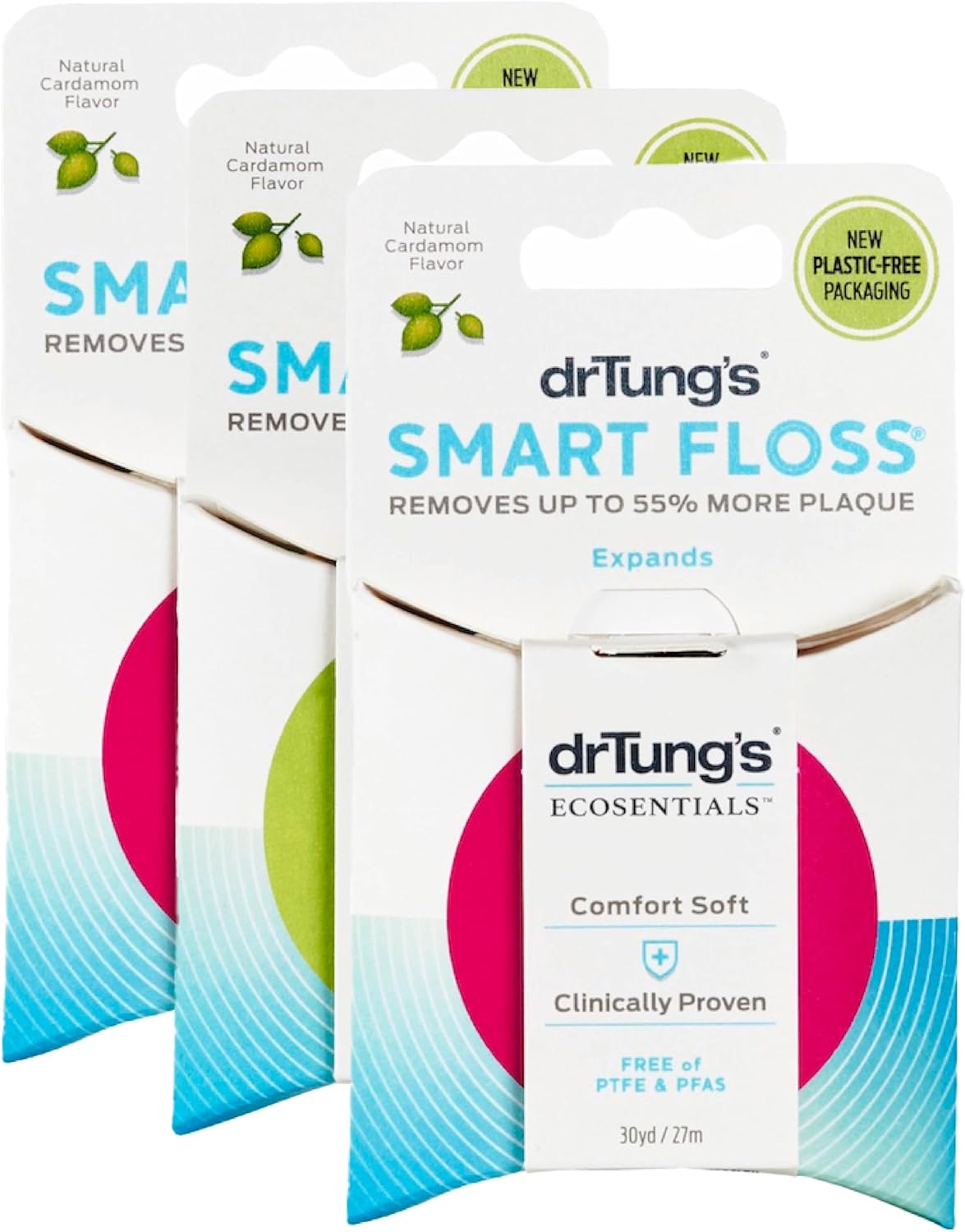 DrTung's Smart Floss - Natural Floss, PTFE & PFAS Free Floss, Gentle on Gums, Expands & Stretches, BPA Free - Natural Dental Floss Cardamom Flavor (Pack of 3)
