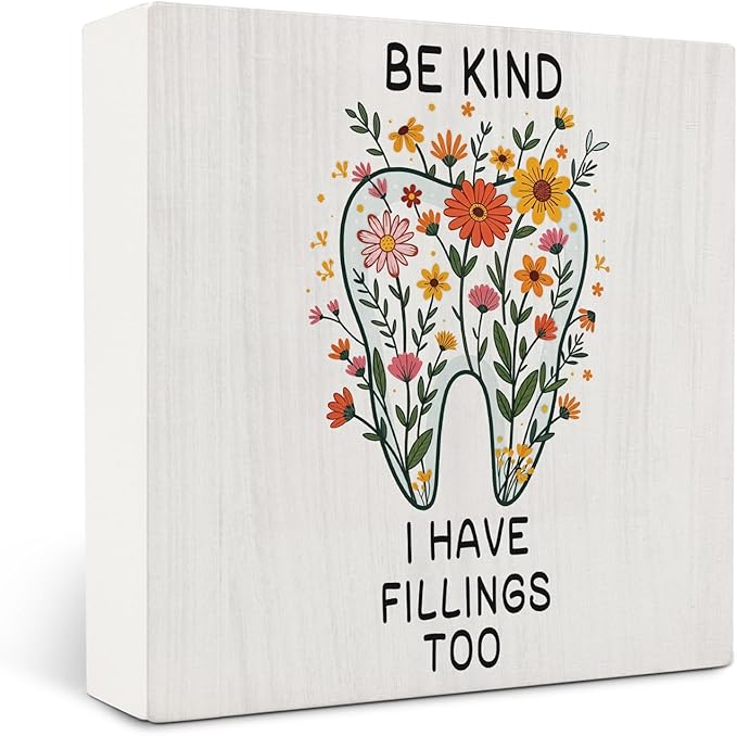 Floral Tooth Wooden Signs,Dental Decor Wooden Box Sign,Funny Dental Hygienist Decor For Home Desk Tabletop Shelf Decoration 5x5 Inches