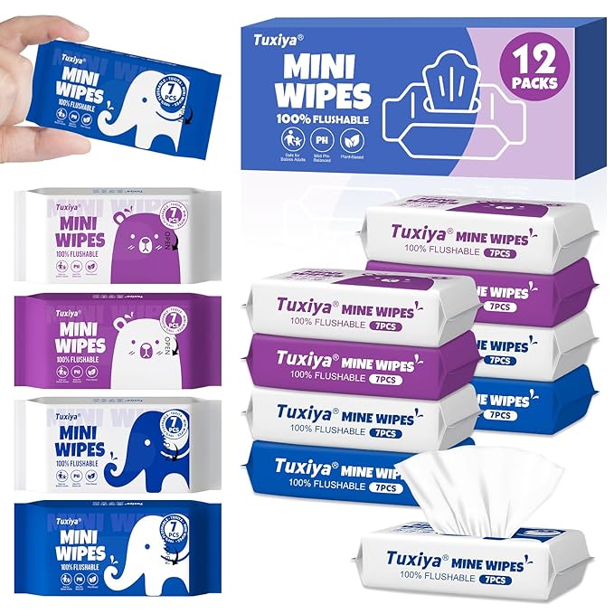 12 PackTravel Flushable Wipes with Aloe & Vitamin E,Impossibly Compact 7 Wipe Per Pack Mini Travel Adult Wet Wipe,Hypoallergenic & Fragrance-Free Skin-Friendly Flushable Wet Wipe(84 Total Wipes)