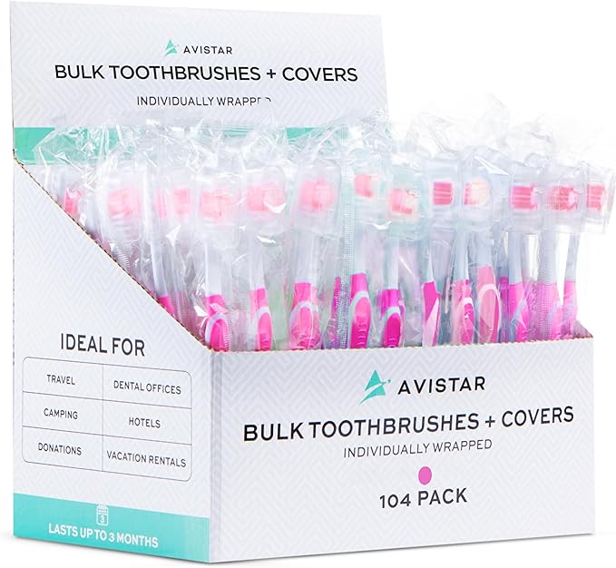 104 Pack Bulk Toothbrushes w/Cover Caps, Individually Wrapped Disposable Travel Toothbrush, Value Size, Long Lasting 3+ Months, Med-Soft Manual Teeth Brush Bristles - Pink