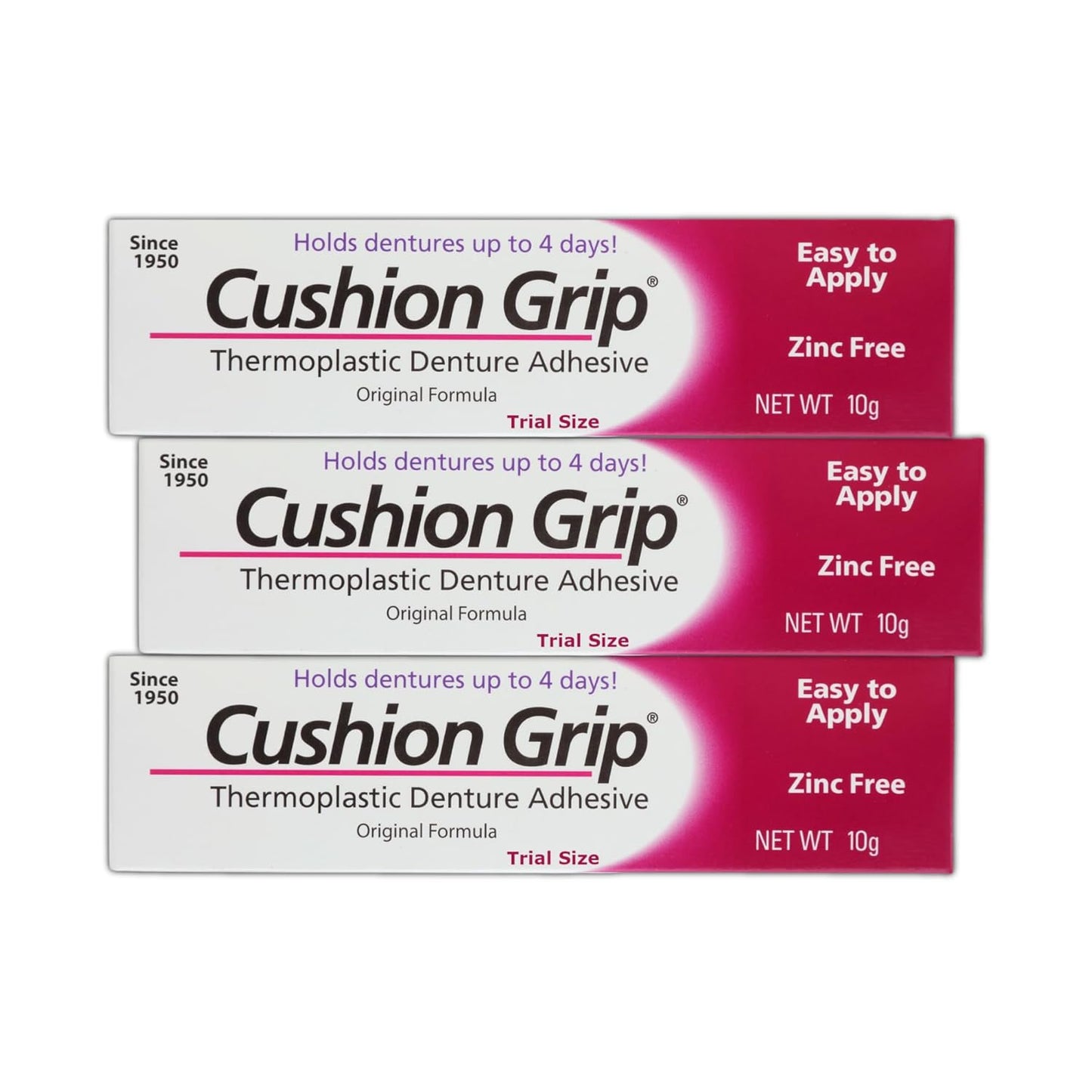 Cushion Grip Thermoplastic Denture Adhesive, 0.35 oz Travel Size (Pack of 3) – Refits and Tightens Loose Dentures for Up to 4 Days | Non-Glue, Zinc-Free, Waterproof Formula, Acts Like a Soft Reliner