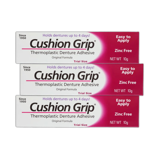 Cushion Grip Thermoplastic Denture Adhesive, 0.35 oz Travel Size (Pack of 3) – Refits and Tightens Loose Dentures for Up to 4 Days | Non-Glue, Zinc-Free, Waterproof Formula, Acts Like a Soft Reliner