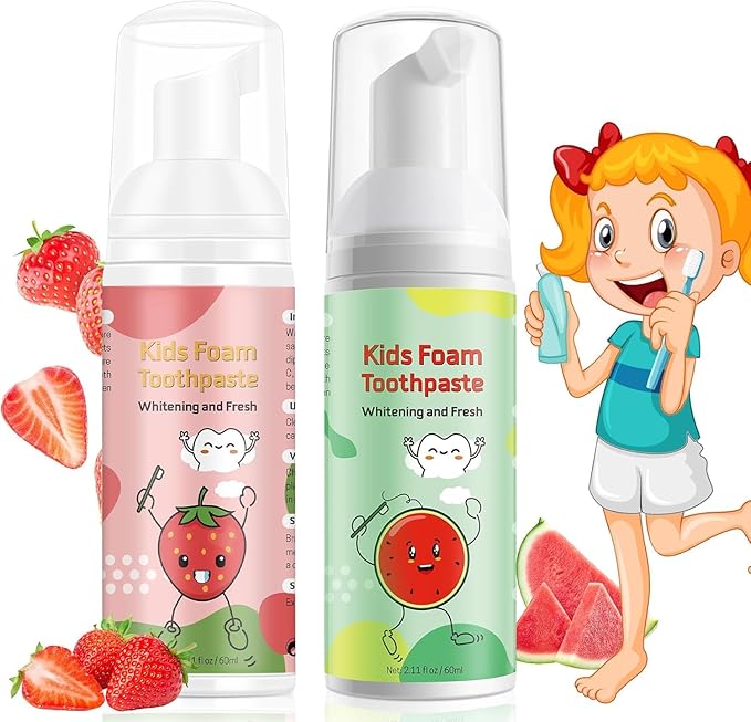 Foam Toothpaste Kids, Kids Foam Toothpaste, Toddler Toothpaste with Low Fluoride for U Shaped Toothbrush, Children Oral Cleaning for Ages 3 Plus (3PCS, Watermelon+Strawberry+Blueberry)