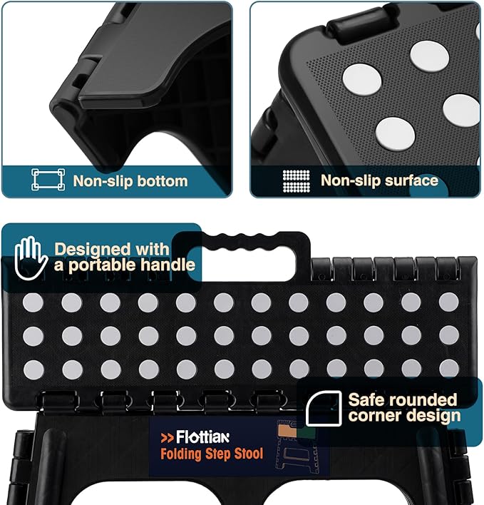 Flottian 9" Folding Step Stool for Adults and Kids 15-Inch Extra Wide Stool Holds Up to 300 lbs,Non-Slip Folding Stools with Handle,Compact Plastic Foldable Step Stool for Bathroom,Kitchen,ect