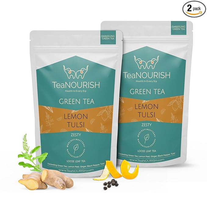 TeaNOURISH Lemon Tulsi Green Tee | Darjeeling Loose Leaf | Stress Relief Tee | Immune Support Tea | 100% Natural Ingredients | Brew 50 Cups Hot or Iced Tea - 3.53oz/100g (Pack of 2)