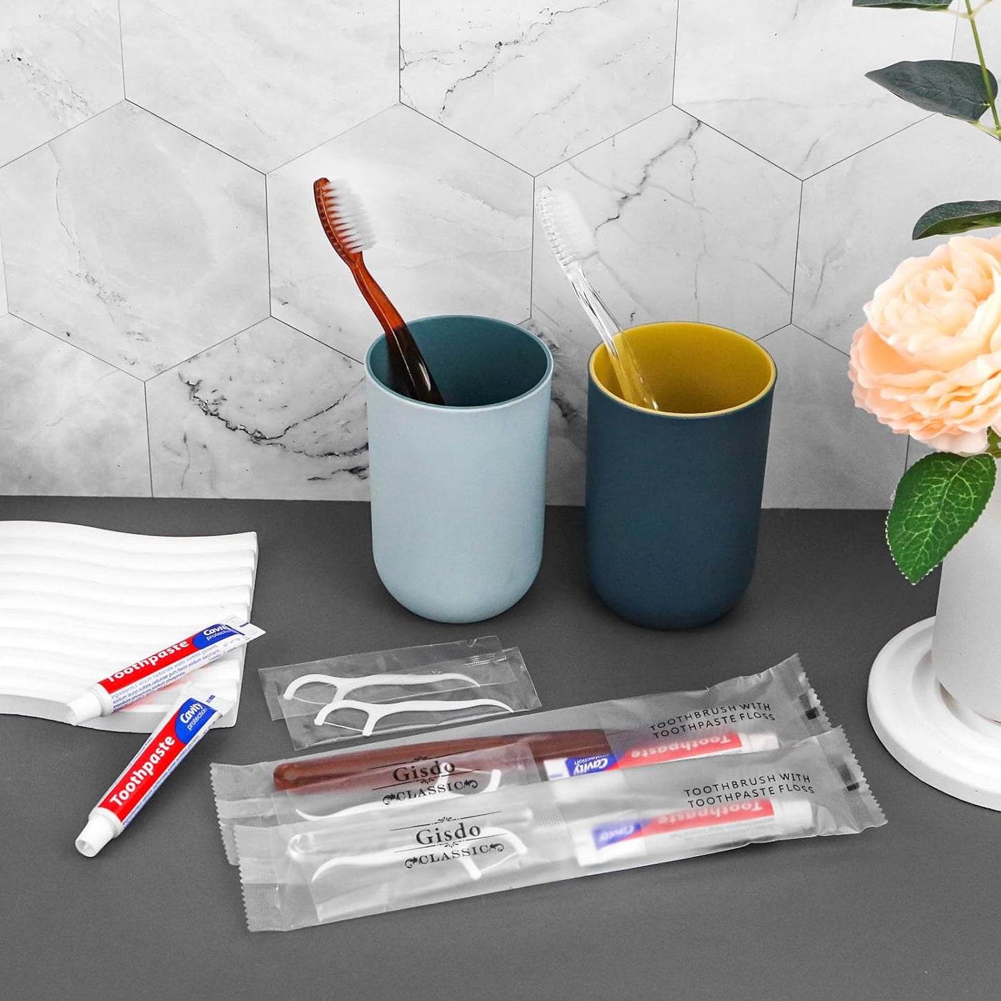 50 pcs Disposable Toothbrushes with Toothpaste Floss Individually Wrapped, 2 Color Disposable Toothbrush Bulk, 10g Toothpaste, Dental Floss Pick for Homeless,Airbnb,Hotel,Guest