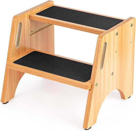 StrongTek Wooden Step Stool, 15" Dual Height Step Stools for Kids, Easy to Clean, Toddler Potty Training Stool with Handles, 300 lbs Capacity for Bathroom Sink, Kitchen, Bedroom
