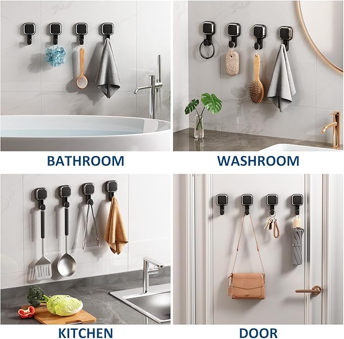 LEVERLOC 4 Pack Suction Cup Hooks for Inside Shower, Powerful Vacuum Suction Shower Holder for Towel, Loofah, Clothes, Damage Free Hanging Bathroom Wall Hooks, Easy to Install and Remove, Black