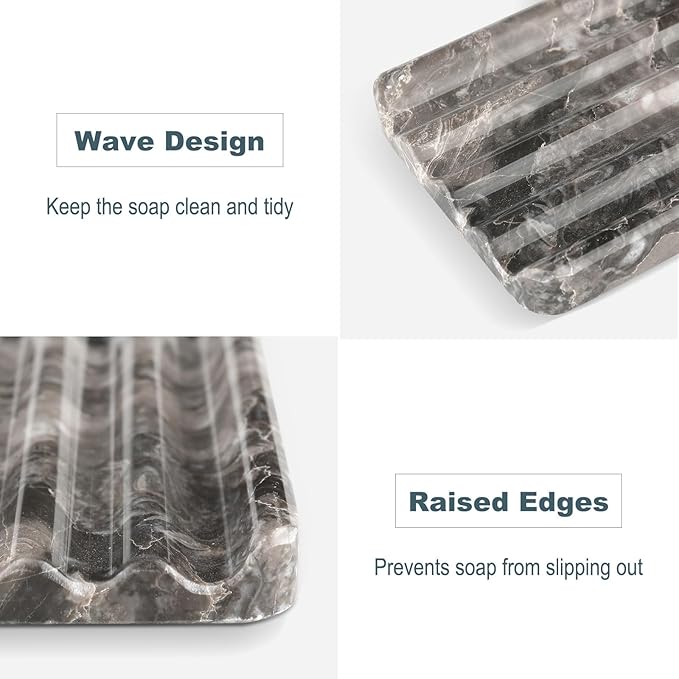 Marble Soap Dish, Bar Soap Holder Shower, Brown Soaps Saver with Water Ripple Design, Easy Cleaning Stone Sponge Holder for Kitchen Sink，Bathroom, Executive Natural Stone Soap Tray