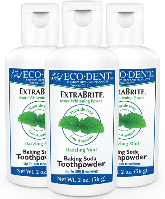 Eco-Dent ExtraBrite Baking Soda Toothpowder, Mint - Fluoride-Free Toothpaste Powder, SLS-Free Tooth Powder with Oxidizing Calcium Peroxide, Whitening Toothpaste Alternative, 2 Oz Ea (Pack of 3)