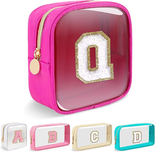 Mini Clear Personalized Initial Makeup Bag,Small Nylon Waterproof Zip Beach Cosmetic Pouch,Preppy A-Z Chenille Letter Patch Cute Coin Purse Travel Toiletry Bag Car Pack Bag for Women(Hot Pink-White Q)