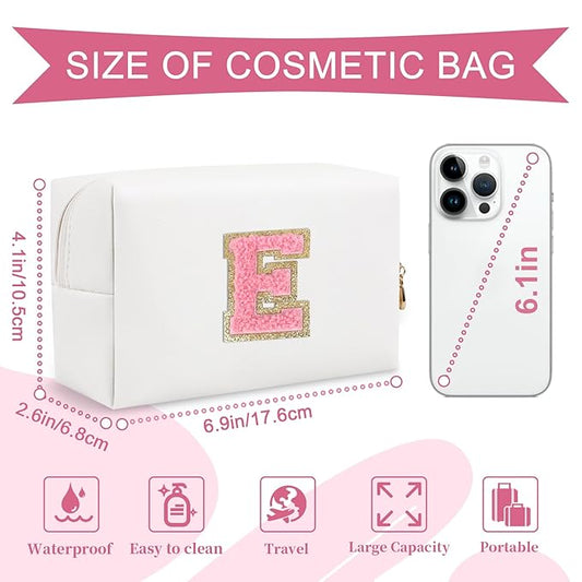 Personalized Makeup Bag Initial A-Z Preppy Patch Bag,Small PU Leather Travel Cosmetic Bag Pouch with Zipper,White Cute Toiletry Bag,Gift Ideal for Teen Girls Women Birthday Friend Mom,Letter E