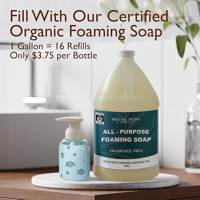 SoCal Suds & Company Glass Foaming Hand Soap Dispenser, Soft Grip Silicone Sleeve, Refillable Pump Bottle for Kids, Baby Wash & Shampoo, Ideal for Home Use, Light Blue 8oz