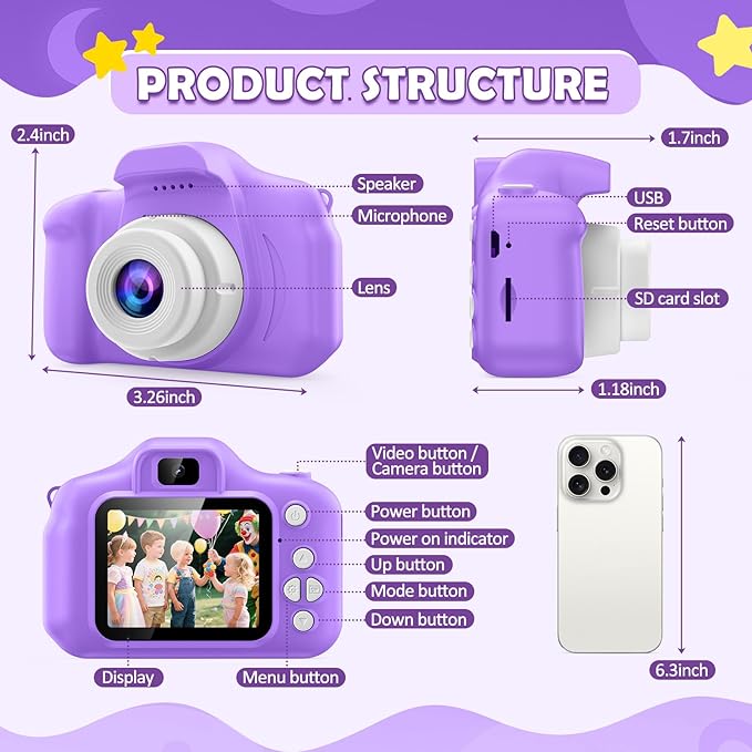 Kids Camera for Girls, 1080P HD Digital Camera with 32GB SD Card, 8MP Sky Purple Camera Toy for 3-12 Year Old Girls, Birthday Gift with 6 Filters, 20 Frames Video (Light Purple)