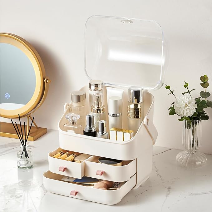 Large Makeup Organizer w Drawers Beauty Organizer Makeup Box Holder Vanity Organization Desk Countertop MakeUp Organizers Bathroom Counter Organizer Skincare Cosmetic Case Stand Dustproof Lid Gift
