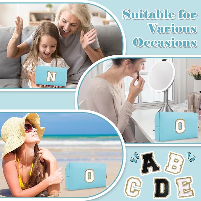 Small Personalized Initial A-Z Preppy Patch Makeup Bag,PU Chenille Letter Travel Cosmetic Pouch with Zipper,Blue Cute Toiletry Bag,Gift Ideal for Teen Girls Women Teacher Bridesmaid,Letter O