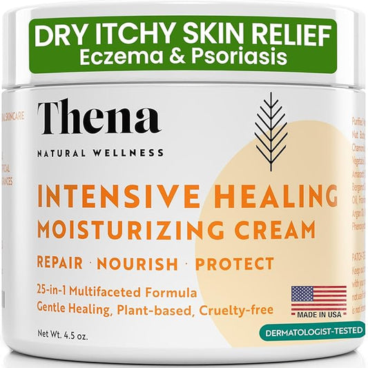 Thena Healing Cream Intensive Moisturizing Dry Irritated Itchy Skin Relief - Hydrates Soothes Nourishes Hands Body Scalp, Natural Moisturizer for Eczema Psoriasis Dermatitis, Adults & Kids