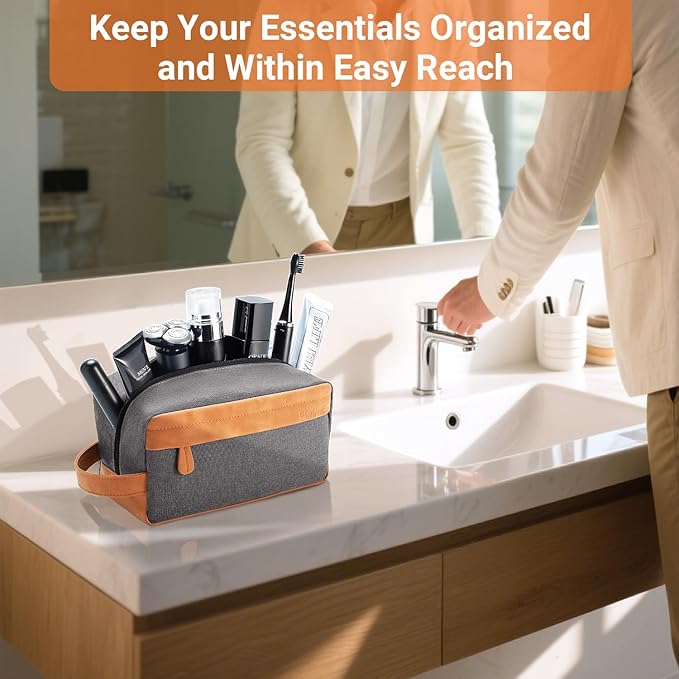 Elviros Travel Toiletry Bag for Men Hanging Dopp Kit Water Repellent PU Leather Shaving Bag with Large Capacity for Travel and Bathroom, Grey