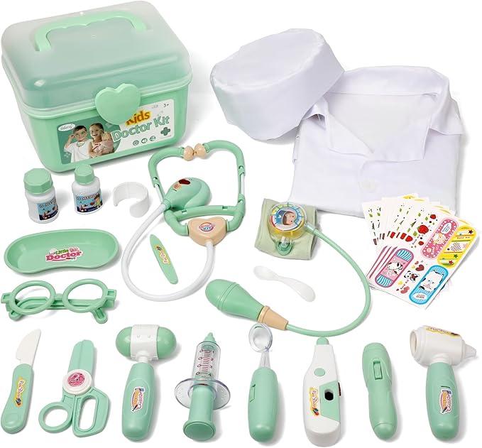 Liberry Doctor Kit for Toddlers 3 4 5 Years Old, 30-Piece Kid Doctor Toy with Stethoscope, Costume, Green Medical Pretend Play for Girls Boys