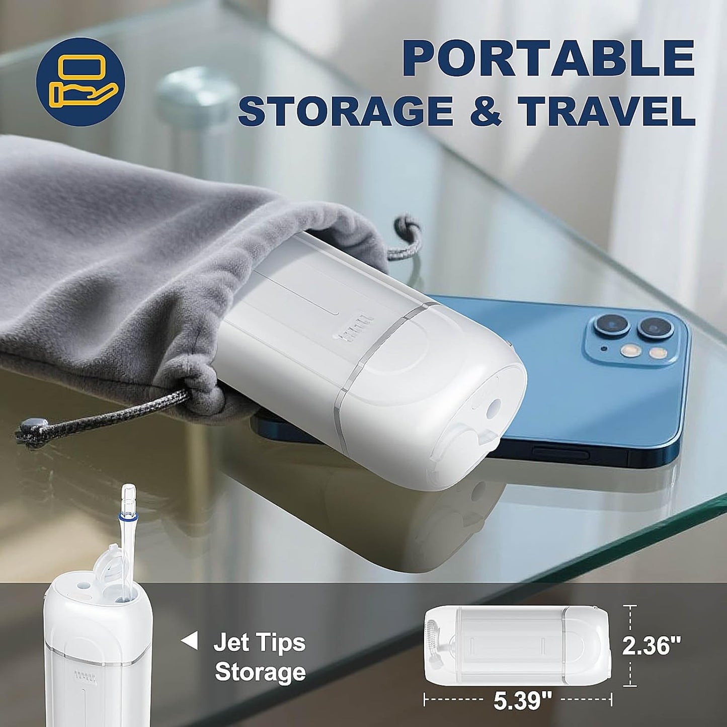 Mini Cordless Water Flosser for Travel, Portable Electric Dental Oral Irrigator for Smile Teeth Braces with 5 Cleaning Modes Rechargeable, Includes 4 Jet Tips & Storage Bag